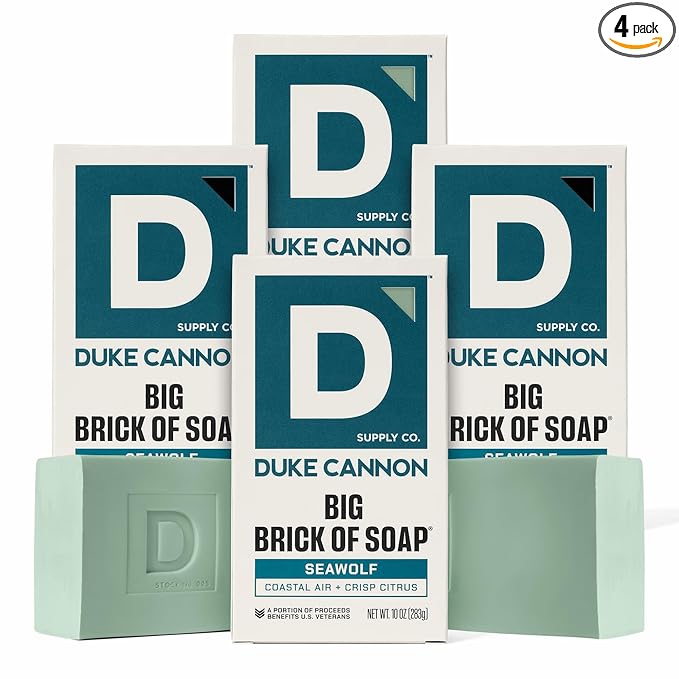 Duke Cannon Big Brick of Soap Seawolf 4 Pack – Large 10 oz Men’s Bar Soap, Fresh Aquatic Scent, Triple Milled, Long-Lasting Heavy Duty Body Soap for Daily Shower Use