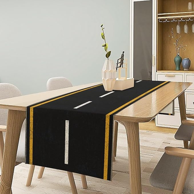 Railroad Track Aisle Table Runner Train Party Decorations Empty Highway Asphalt Road, Empty Highway Black Asphalt Road Theme Tablecloth Runner Table for Kitchen CoffeeTea Table Dinner Room 13x108in