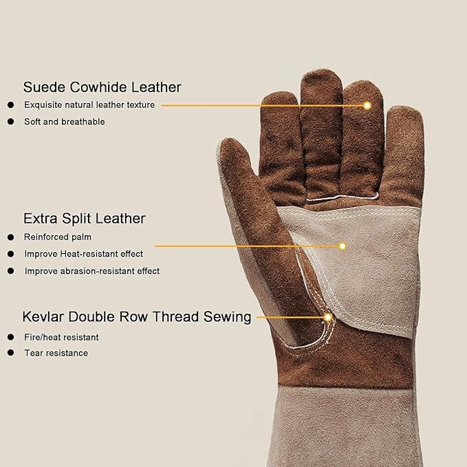 Leather Welding Gloves for Men – Long Fireproof & Heat Resistant Work Gloves for Welding, BBQ, Fireplace, Oven, Baking, Stove, Pot Handling, Yard Work, Thorn Proof (Brown, XL)