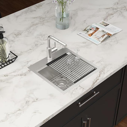 Outdoor Sink and Faucet18 Inch Drop In Bar Sink Workstation 16 Gauge Stainless Steel Single Bowl Small Basin With Pull-out Faucet Outdoor Bar RV Kitchen Sinks 18x18x9 Inch