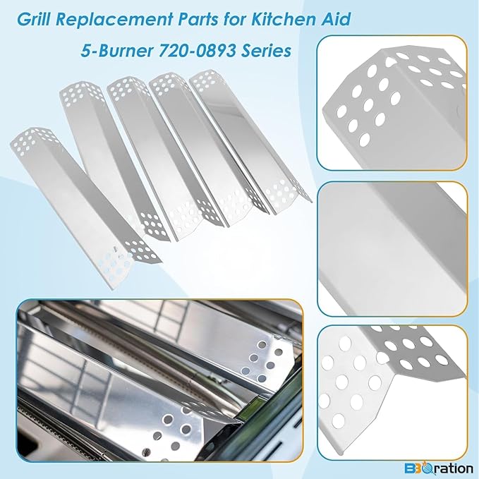 Replacement Kit for Kitchen Aid 720-0893 720-0893A 720-0893D 720-0893G, 7MM Stainless Steel Cooking Grates, Burners and Heat Plates for Kitchenaid Grill Replacement Parts 5-Burner Gas Grill