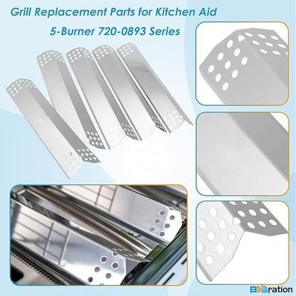 Replacement Kit for Kitchen Aid 720-0893 720-0893A 720-0893D 720-0893G, 7MM Stainless Steel Cooking Grates, Burners and Heat Plates for Kitchenaid Grill Replacement Parts 5-Burner Gas Grill