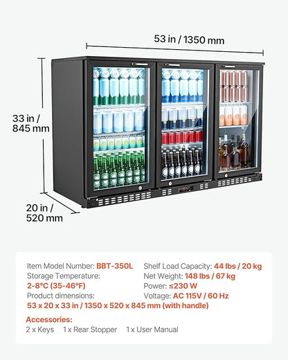 VEVOR Back Bar Cooler, 11.4 Cu.Ft Commercial Beverage Refrigerator with 3 Glass Door, Large Under Counter Fridge w/LED Lighting, Shelf, Low-E Glass Display Cooler for Store, Lobby, Restaurant, Pub