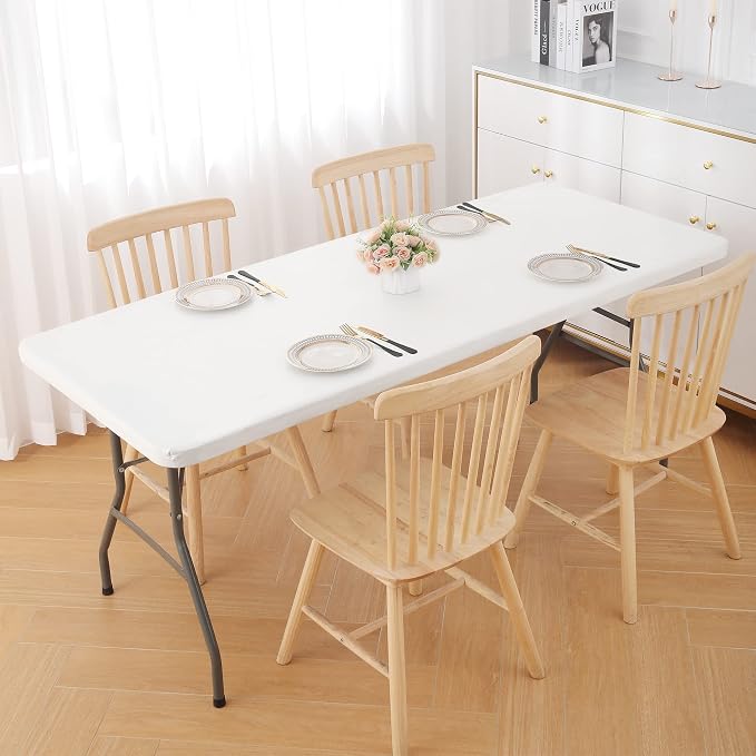 Smiry Rectangle Tablecloth, Elastic Fitted Flannel Backed Vinyl Tablecloths for 6ft Folding Tables, Waterproof Wipeable Table Covers for Indoor, Outdoor, Picnic and Camping (White, 30"x72")