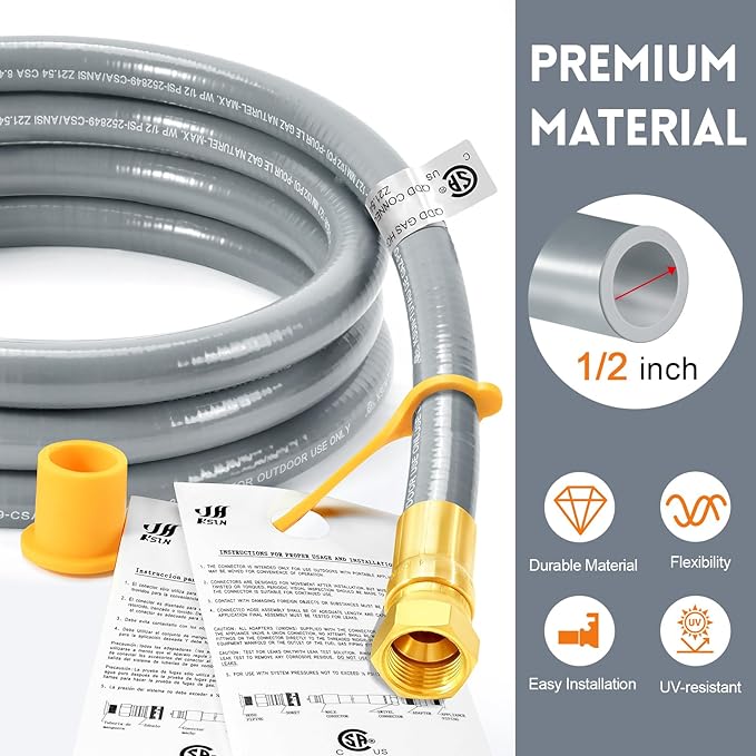 GasSaf 8 FT 1/2" ID Natural Gas Grill Hose with Quick Connect Fitting, Natural Gas Conversion Kit Suitable for Gas Grill, Generator, Patio Heater and More (with Sealing Tape)