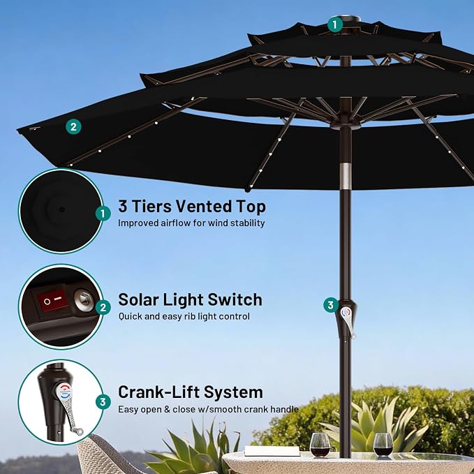 AreShark 9ft 3 Tiers Patio Umbrella with Solar Lights, Outdoor Umbrella w/ 32 LED Lights&8 Sturdy Ribs, Table Umbrella for Deck, Backyard, Pool (Black)