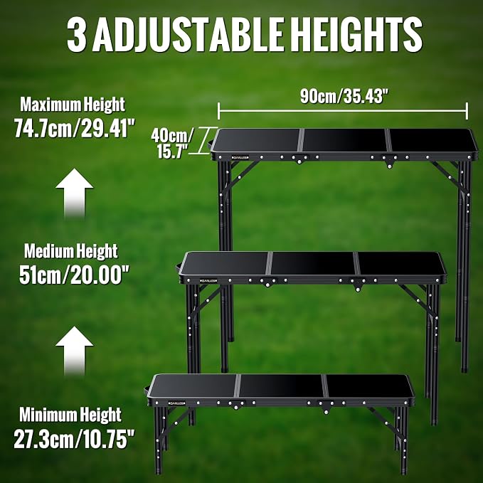GARLLEN Folding Camping Table Max Capacity 66lbs, 3-Height Max 29.41" | Lightweight Folding Picnic Table, Aluminum Portable Outdoor Table for Grill, Camping, Threaded Install, 35.4" L x 15.7" W