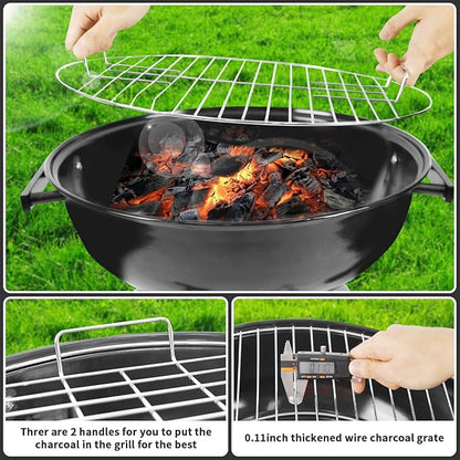 18 Inch Charcoal Grill, BBQ Kettle Grill with Enamel Lid & Ash Catcher, Portable Charcoal Grill for Outdoor Grill Camping and Small Patio Backyard, Includes Wheels for Easy Mobility