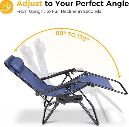 NEWBULIG Zero Gravity Chairs Set of 2, Folding Lounge Recliner Chair | Portable Lawn Camping Recliner with Adjustable Pollow, Mesh Back, Cup Holder Trays for Pool Beach Patio, Navy Blue
