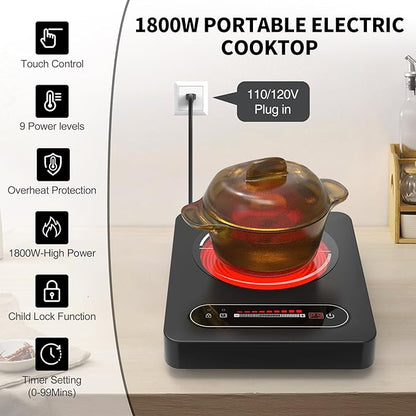 VBGK Single Burner Electric Cooktop,110V 1800W Electric Stove Top with LED Touch Control,10 Power Levels, 4 hTimer, Safety Lock,single burner cooktop Overheat protection