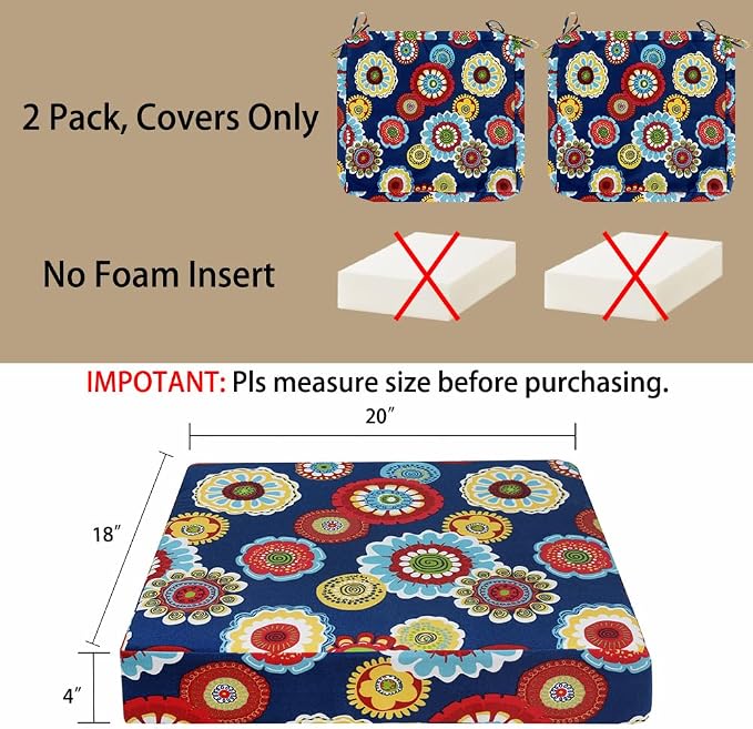 Magpie Fabrics Indoor Outdoor Cushion Cover Replacement 2 Pack, NO Insert! Water Repellent Slipcover with Ties Decor for Patio Garden Chair Sofa Bench Wicker(Floral Navy, 20x18x4 Inch)