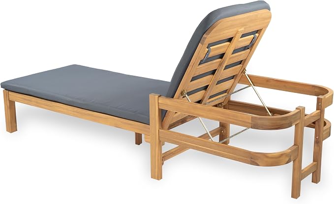 Christopher Knight Home Kayas Acacia Wood Chaise Lounge with Adjustable Backrest, 77.5" Outdoor Sun Lounger with Cushion, Modern Patio Lounger Recliner Chair for Poolside Lawn, Light Teak+Gray, 1PCS
