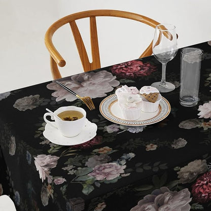 Vintage Florals Tablecloth, Black Pink Garden Gothic Flowers Rustic Roses Boho Botanical Plant Water Resistant Wipeable Table Cover for Picnic Party Holiday Kitchen Dinner Table 60"x90"
