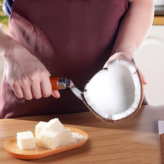 DOITOOL Coconut Meat Removal Tool Stainless Steel Fresh Coconut Scraper Knife with Ergonomic Wood Handle for Raw Shell Extraction and Manual Opener