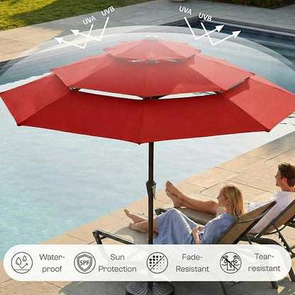 10ft 3-Tier Patio Umbrella with 32 Solar Powered LED Lights, Windproof Outdoor Market Umbrella for Deck, Poolside & Garden, Sturdy Push-Button Tilt Table Umbrella, Red