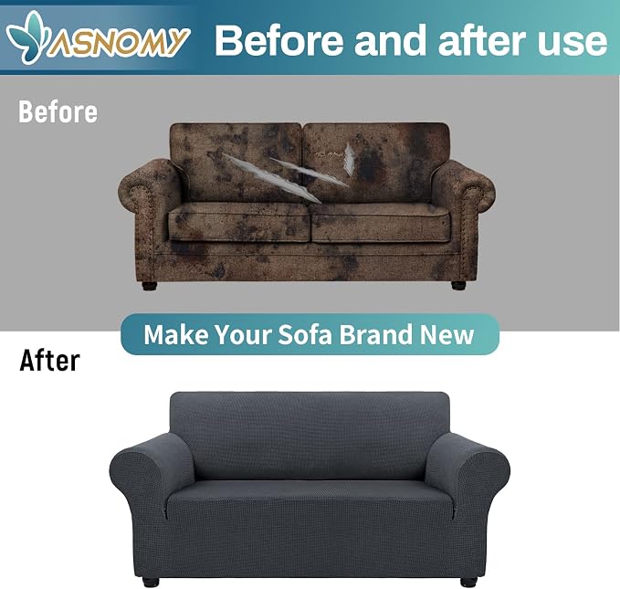 Asnomy Stretch Couch Covers Washable,loveseat Cover Slipcovers,Charcoal Ash | 1-Piece Sofa Cover(55"-78") loveseat cover Furniture Protector Soft Jacquard,Non-Slip Elastic Bottom for Dogs & Kids
