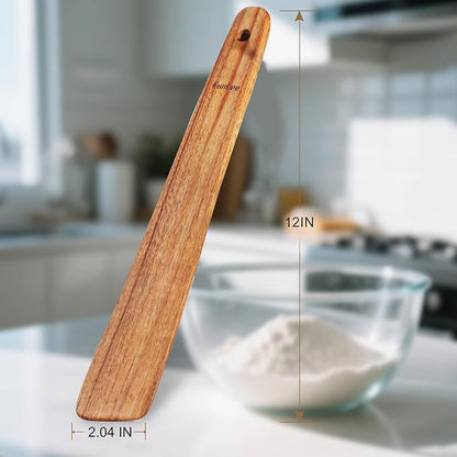 2 Pack Teak Wood Spatula, 12 Inch Wooden Spoons for Cooking, Sourdough Starter, Flat Steak Turner, Dough Whisk Spurtle Baking Utensil, Heat Resistant Spatulas for Cast Iron Flipping, stirring, Turning