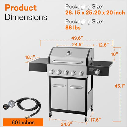 Veralune 5 Burner Propane Gas Grill with Side Burner, 5 Burner Outdoor Cooking Grill, BBQ Gas Grill, 68,000 BTU Heavy-Duty, Stainless Steel, Electronic Ignition System, Built-in Thermometer