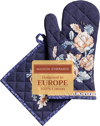 Maison d' Hermine 100% Cotton Oven Mitt & Pot Holder Set (7.5"x13" & 8"x8") | Heat Resistant BBQ Cooking Gloves with Loop Baking Grilling Kitchen Home Farmhouse Thanksgiving Christmas - Pumpkin Blues