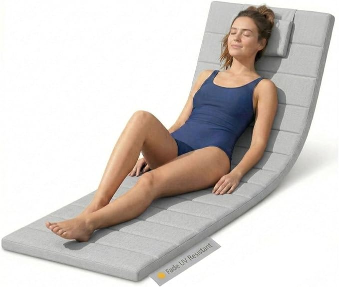 Quilted Chaise Lounge Outdoor Patio Furniture Cushions | Water-Resistant Patio Chair Cushions | Durable, High-Density Foam Outdoor Chair Cushions - Heather Grey, 74"x23" (Chair Not Included)