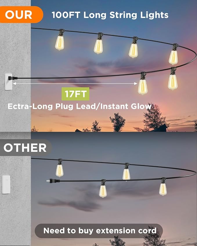 VOLIVO 100FT Outdoor String Lights for Patio, Waterproof Hanging Lights with 35+1 Shatterproof ST38 Edison Bulbs, Dimmable & Connectable Outside String Light for Backyard, Deck, Porch, Balcony