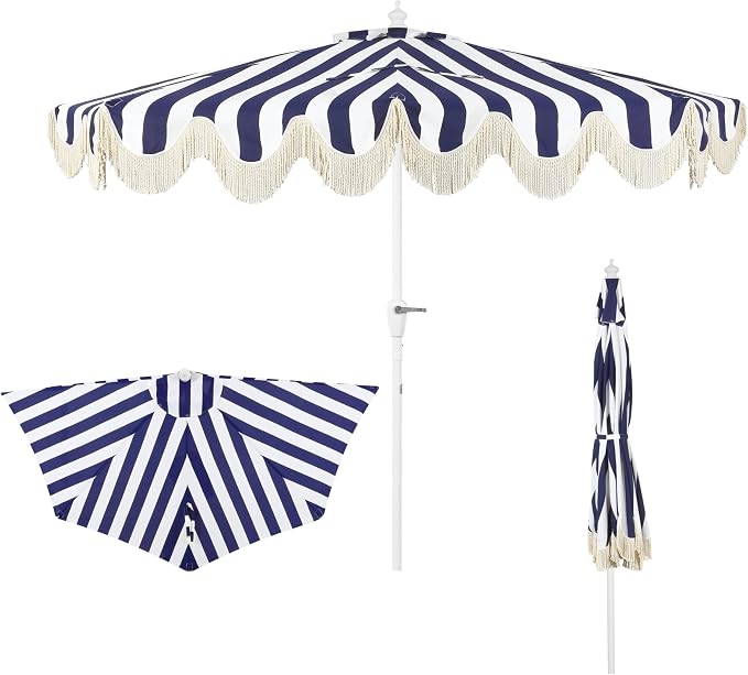 JONATHAN Y Beverly 9 ft. Striped Half Umbrella, Navy/White | Coastal Scalloped Fringe, Crank Lift, 30 Degree Manual Tilt, UV 50 Fabric Canopy, Aluminum Frame, Space Saving Design