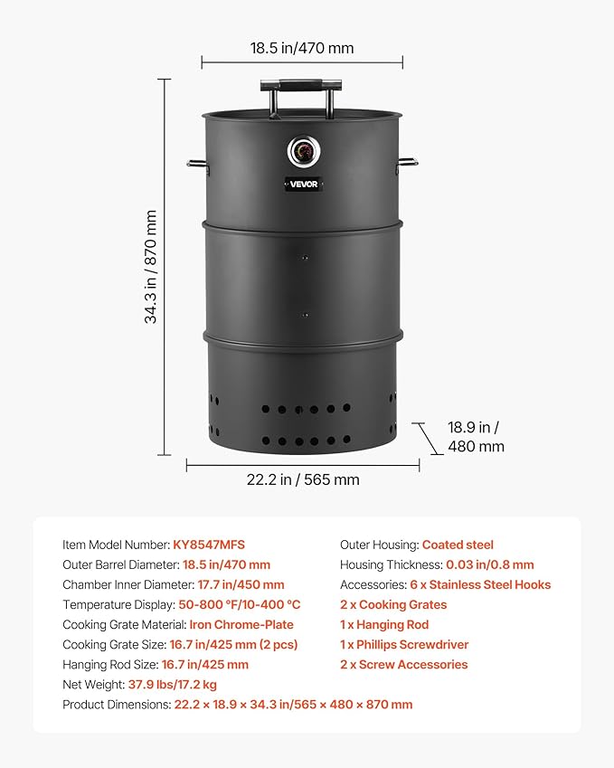 VEVOR Charcoal Smoker Grill, 18.5" Barrel Charcoal BBQ Smoker, Coated Steel Outdoor Barbecue Grill with 2 Grilling Grates, 1 Hanging Rod, 6 Hooks & Thermometer, Ideal for Party Backyard Patio Cooking