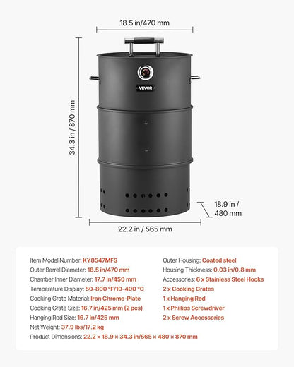 VEVOR Charcoal Smoker Grill, 18.5" Barrel Charcoal BBQ Smoker, Coated Steel Outdoor Barbecue Grill with 2 Grilling Grates, 1 Hanging Rod, 6 Hooks & Thermometer, Ideal for Party Backyard Patio Cooking