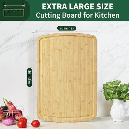 Garvee 30" x 20" Extra Large Bamboo Cutting Board, Reversible Curved Butcher Block with Deep Juice Groove, Kitchen Chopping Board and Serving Tray for Meat, Cheese, Vegetables, BBQ