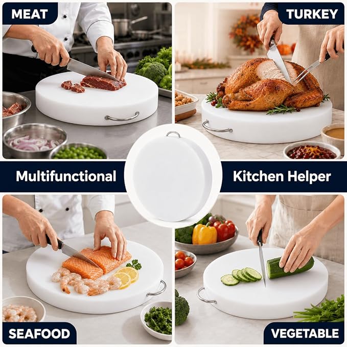 Large Round Cutting Board 15"x15" Extra Thick Plastic Cutting Board for Meat Raw & Raw Meat Board, HDPE Double-Sided Butcher Block Cutting Board, 304 Stainless Steel Handle, Easy Clean