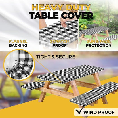 Vinyl Fitted Picnic Table Cover with Bench Covers & Bag 8ft Black Checkered | Vinyl Fitted Picnic Table Cover with Bench Covers and Bag, Outdoor Waterproof Windproof Picnic Tablecloth with Elastic Edges.