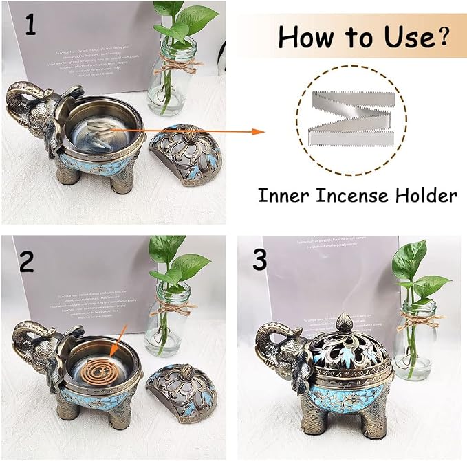 Hourwof Metal Elephant Incense Holder,Vintage Cone Coil Incense Burner with Lid,Ash Catcher,Aromatherapy Ornament Home Office Decor (Light Blue)