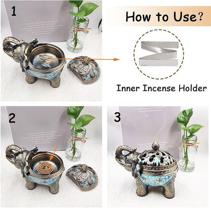 Hourwof Metal Elephant Incense Holder,Vintage Cone Coil Incense Burner with Lid,Ash Catcher,Aromatherapy Ornament Home Office Decor (Light Blue)