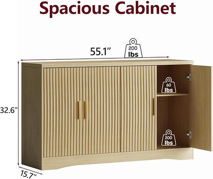 Memobarco 55" Modern Sideboard Buffet Cabinet with Storage, 4 Door Fluted Credenza Table Media Console Cabinet Entryway Cabinets with Adjustable Shelves for Living Room Kitchen, Wood