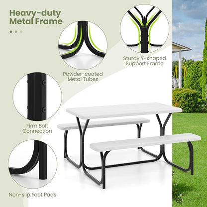 Picnic Table, Outdoor Dining Table with 2 Benches, Wood Grain Tabletop, Heavy Duty Metal Frame, Portable Picnic Table for Outdoors Backyard Garden Lawn Patio Poolside Deck (White)