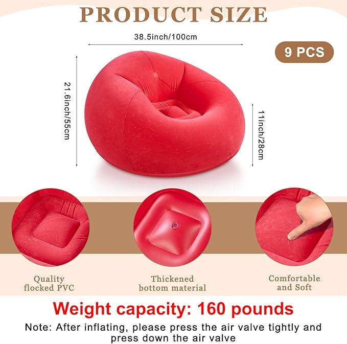 Realspring 6 9 12 Pcs Inflatable Bean Bag Chairs for Adults with Electric Air Pump, Blow up Couch Folding Portable Inflatable Couch Lazy Sofa for Outdoor Movie Night Camping(Red,9 Pcs)