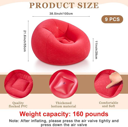 Realspring 6 9 12 Pcs Inflatable Bean Bag Chairs for Adults with Electric Air Pump, Blow up Couch Folding Portable Inflatable Couch Lazy Sofa for Outdoor Movie Night Camping(Red,9 Pcs)