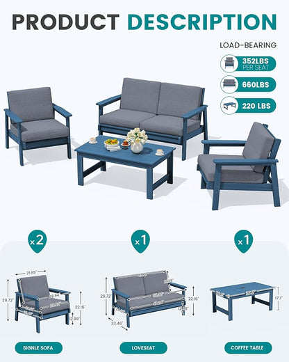SERWALL HDPE Patio Furniture Set with 15FT Double Side Patio Umbrella, All Weather Wood-Like Outdoor Sofa Sectional Couch, Blue Patio Furniture with Grey Cushions