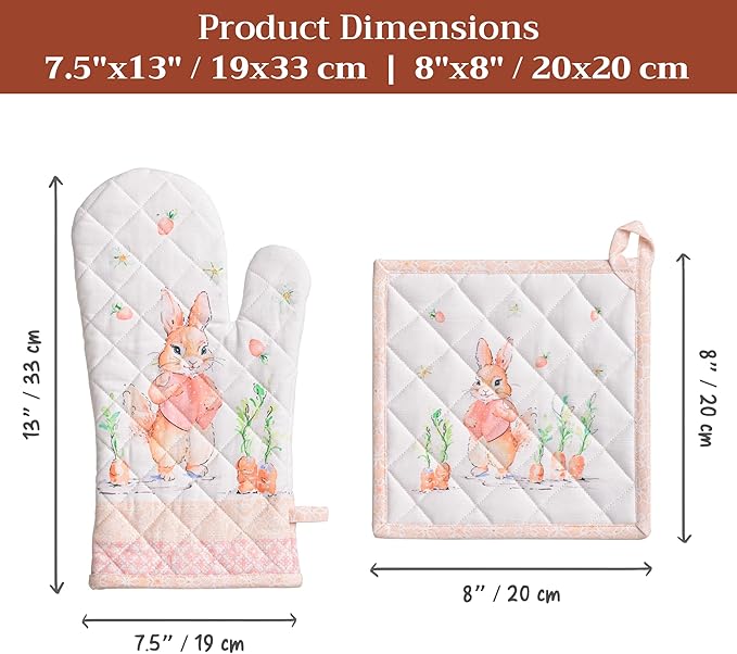 Maison d' Hermine 100% Cotton Oven Mitt & Pot Holder Set (7.5"x13" & 8"x8") Heat Resistant BBQ Cooking Gloves with Loop Baking Grilling Kitchen Hotel Home Farmhouse Spring Summer (Bunny Party)