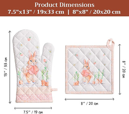 Maison d' Hermine 100% Cotton Oven Mitt & Pot Holder Set (7.5"x13" & 8"x8") Heat Resistant BBQ Cooking Gloves with Loop Baking Grilling Kitchen Hotel Home Farmhouse Spring Summer (Bunny Party)