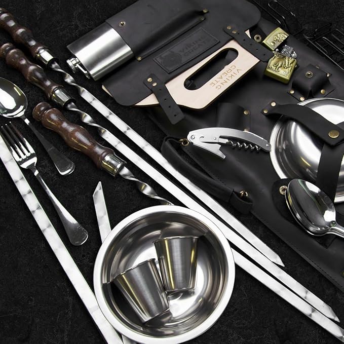 Grilling Supplies for BBQ - Outdoor Skewers Set for BBQ - Premium Barbecue Skewers Tool Sets Grill Utensils - Outdoor Grilling Set - Grill Skewers Set with Leather Case Traveler