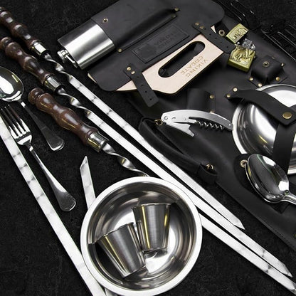 Grilling Supplies for BBQ - Outdoor Skewers Set for BBQ - Premium Barbecue Skewers Tool Sets Grill Utensils - Outdoor Grilling Set - Grill Skewers Set with Leather Case Traveler