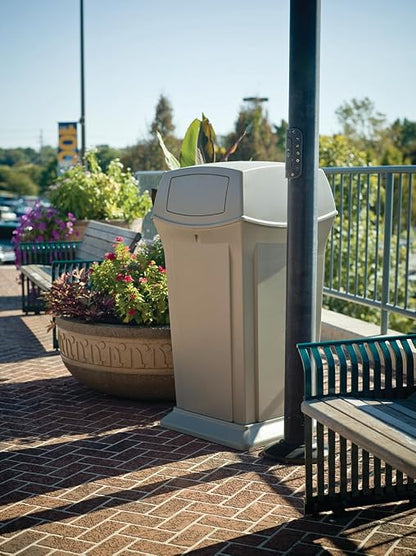 Rubbermaid Commercial Products Ranger Trash Can with 2 Door Lid, 45 GAL, Biege Plastic, Outdoor for Stadiums/Parks/Shopping Plazas