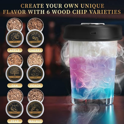 Electric Whiskey Smoker Kit with 7-Color Lights, 6 Flavors Wood Chips Cocktail Shaker with Sphere Ice Mold & Stainless Steel Ice Cubes, Old Fashioned Smoker for Father's Day, Gifts for Him