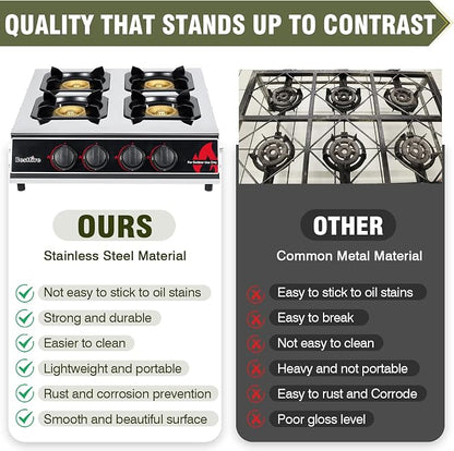 BESTFIRE 4 Burner Propane Gas Stove 40,000 BTU Stainless Steel Cooktop with Enamel Pan Support, Electronic Ignition, Regulator & Hose Included, Portable Gas Stove for Camping, Outdoor Cooking, BBQ