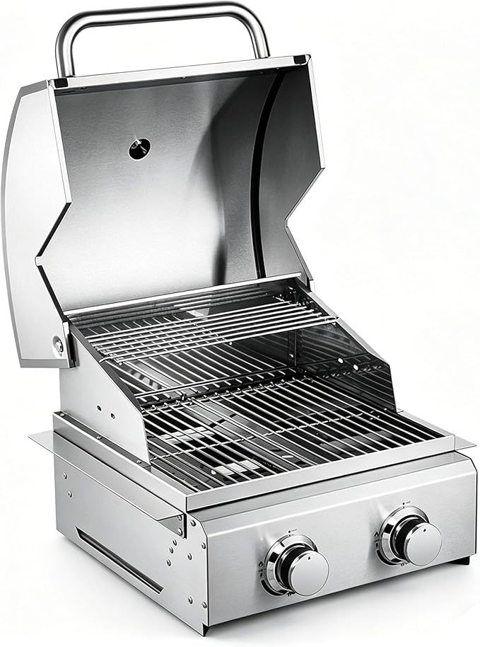2-Burner Built in Grill, Stainless Steel Propane Grill with Drawer-Style Oil Drip Tray, 20,000 BTU for Patio Backyard Parties Barbecue