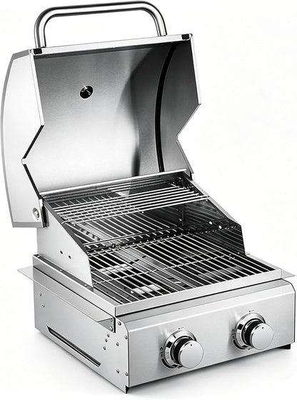 2-Burner Built in Grill, Stainless Steel Propane Grill with Drawer-Style Oil Drip Tray, 20,000 BTU for Patio Backyard Parties Barbecue