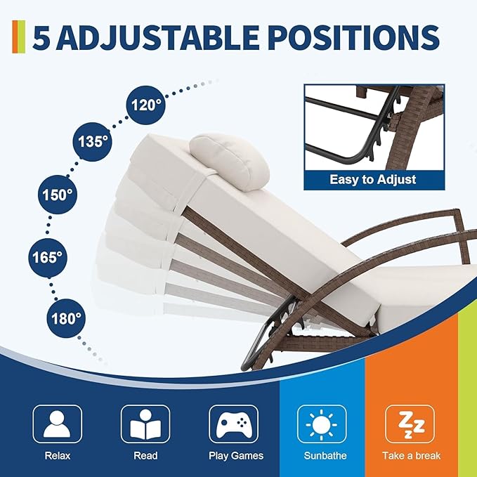 Garvee Outdoor Chaise Lounge Chairs Set of 2, PE Rattan Wicker Patio Lounge Chairs with 5-Position Adjustable Backrest, 3.5" Cushions & Wheels, 380 lbs Capacity Heavy Duty Pool Lounge Chair, Beige
