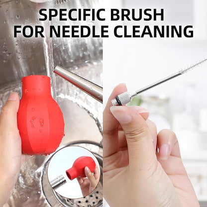 SCHVUBENR Large Turkey Baster with Cleaning Brush & Needle - Stainless Steel Baster Tool for Cooking - Easy to Use and Clean - Heavy Duty Baster Syringe - Thanksgiving, Christmas Essentials - Red
