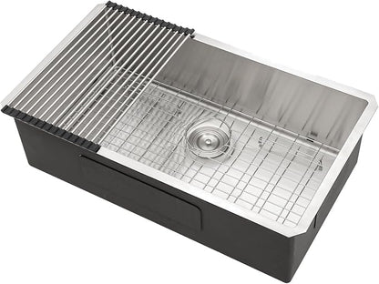 Undermount Kitchen Sink - 33 Inch Undermount 16 Gauge Stainless Steel Kitchen Sink Under Counter Single Bowl Sinks Round Corner, 33"x19"x9" #TLU-0024